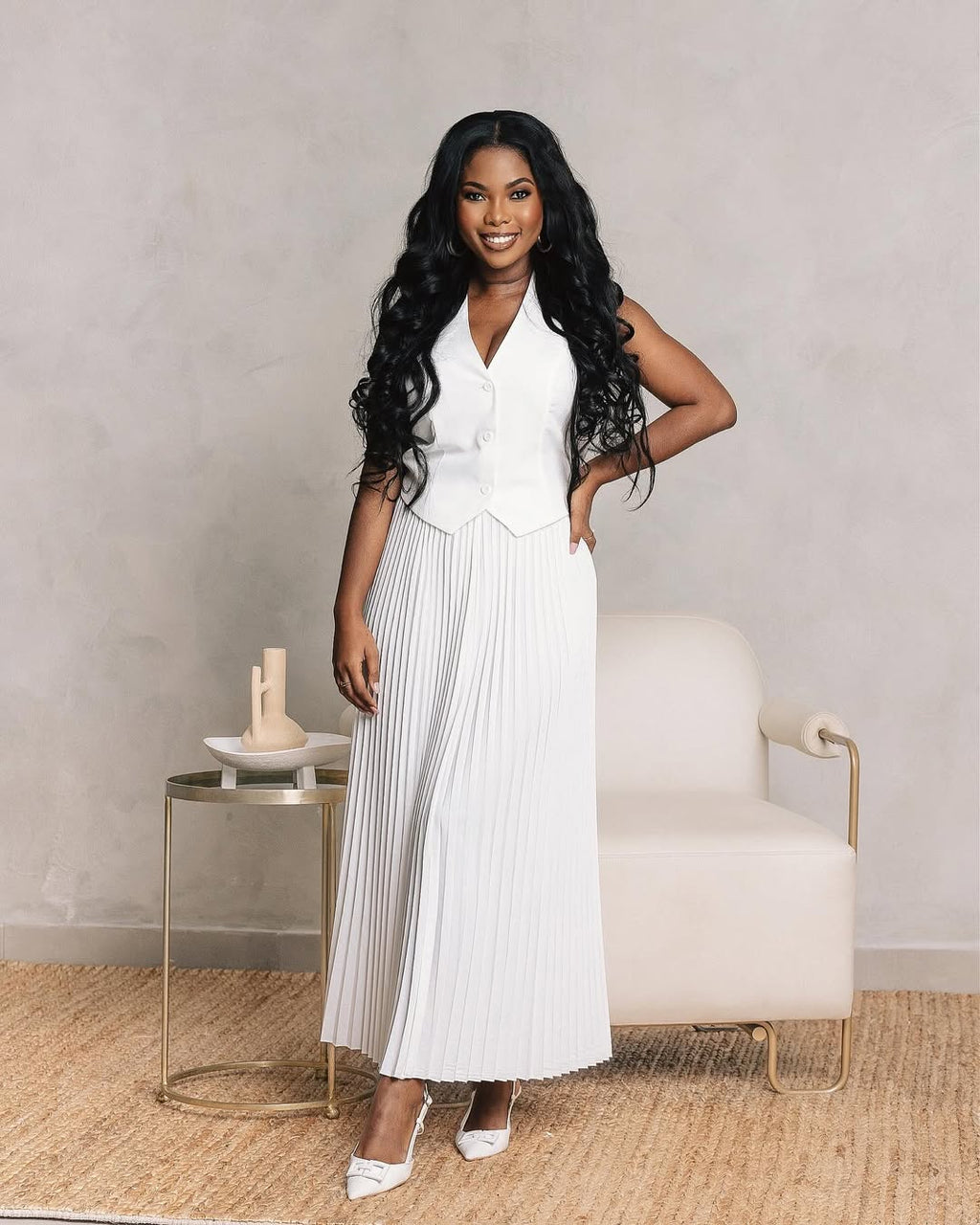Elegant plunging waist coat pleated skirt set