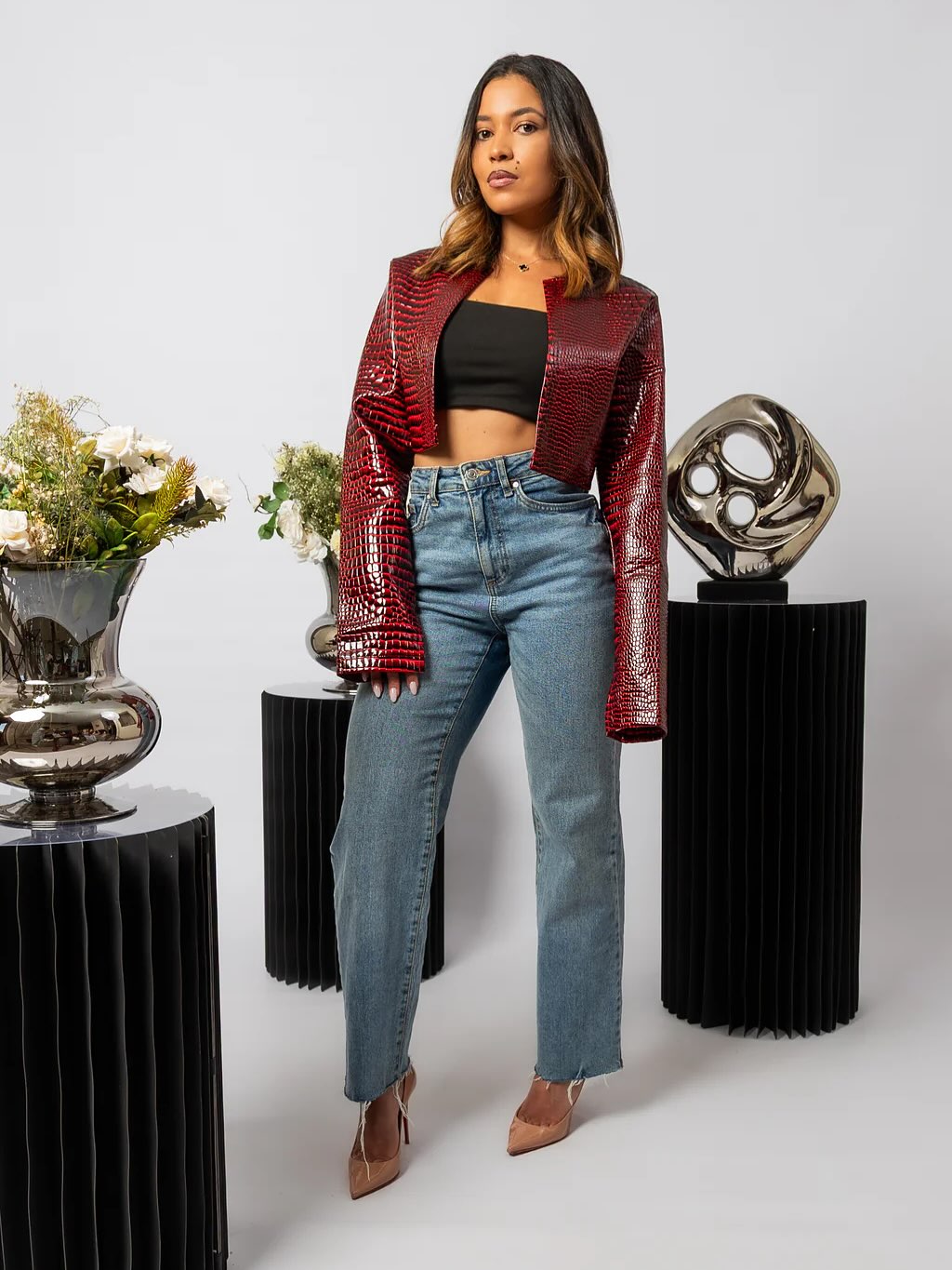 Dark Red Cropped Bomber Jacket