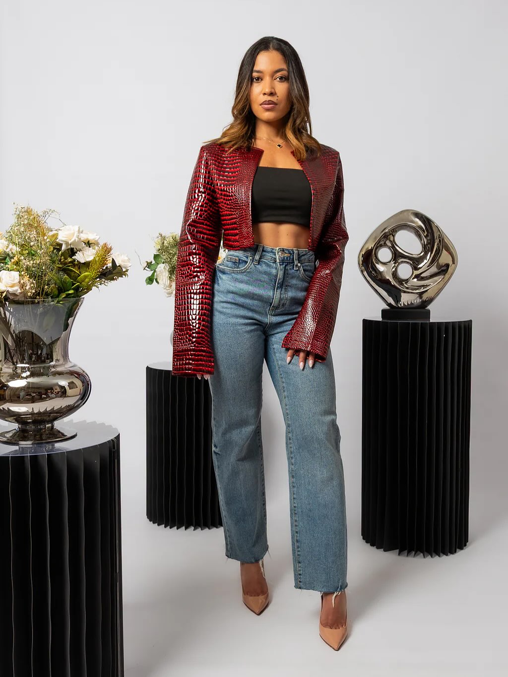 Dark Red Cropped Bomber Jacket