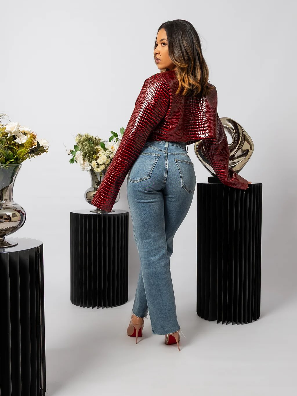Dark Red Cropped Bomber Jacket